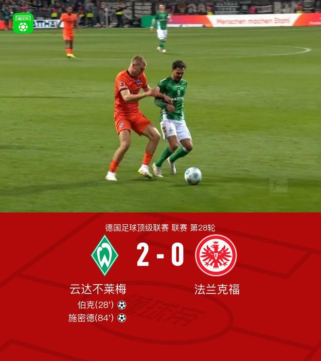 不萊梅勝法蘭克福，施密德助攻，伯克進球，2-0